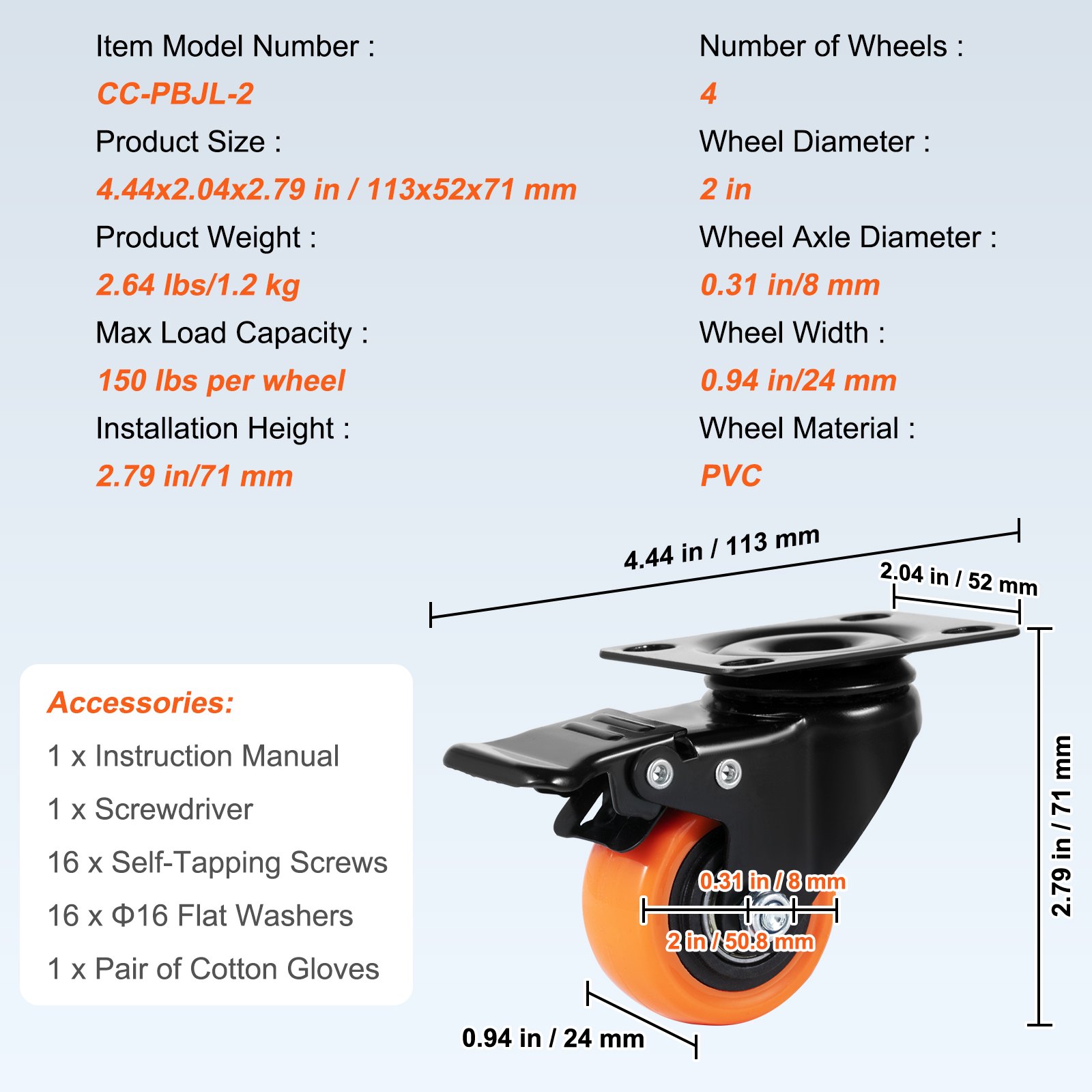 VEVOR caster wheels specifications: 2 in diameter, 0.94 in width, 150 lbs capacity, includes accessories.