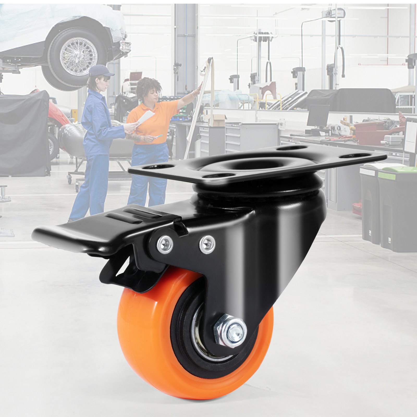 orange, black VEVOR caster wheels in a busy workshop with mechanics and cars in the background.