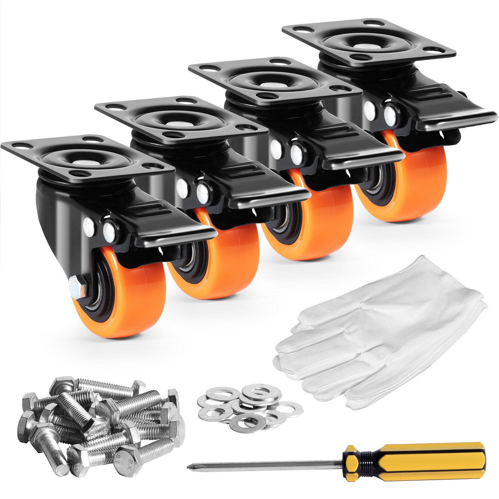 orange VEVOR caster wheels with mounting hardware, gloves, and screwdriver.