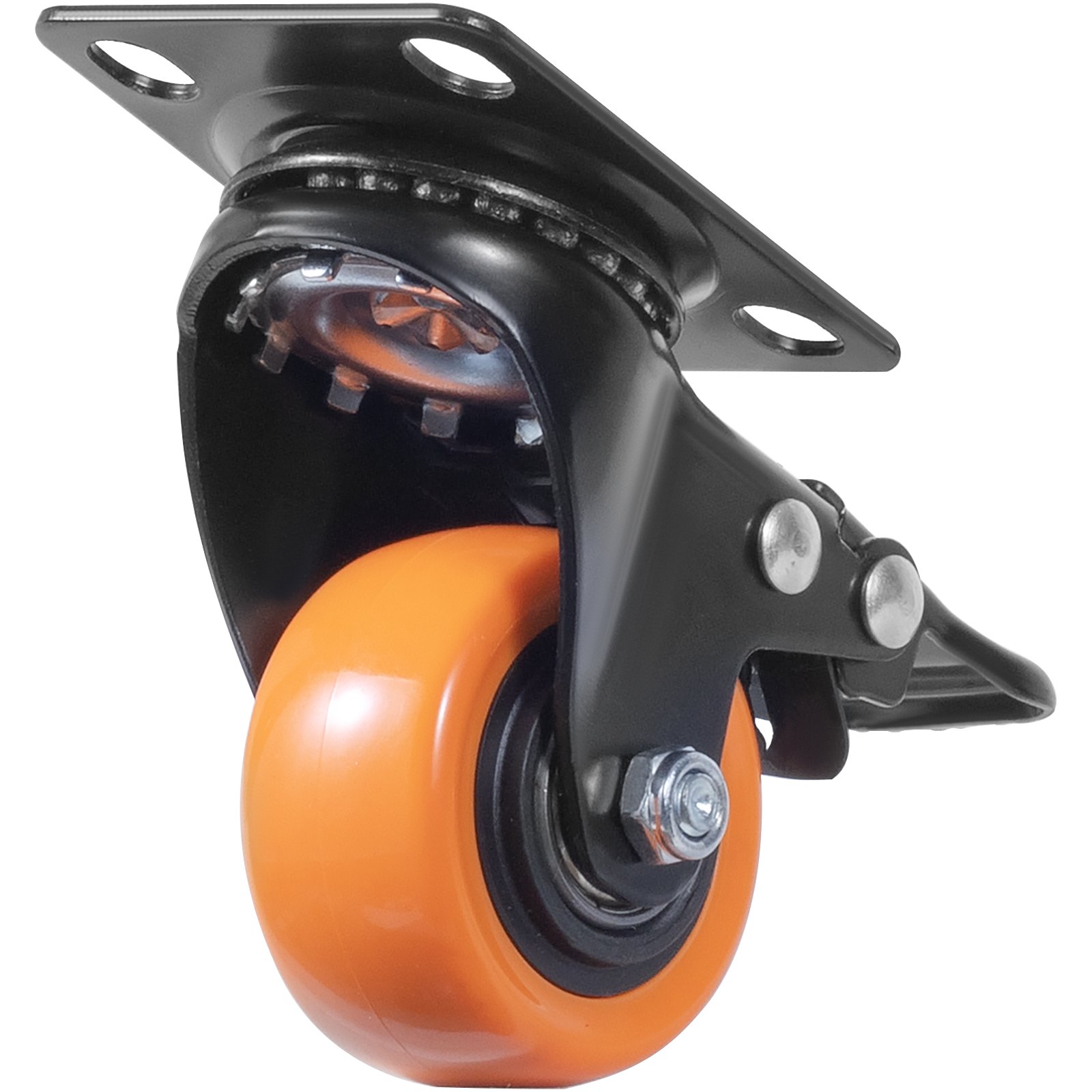orange VEVOR caster wheel with a black mounting plate and brake lever mechanism for versatile usage.