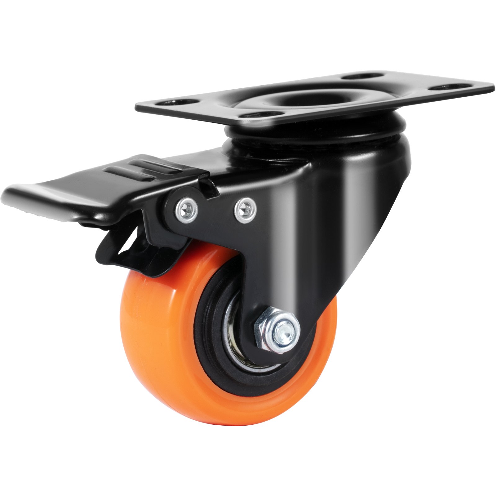 orange and black VEVOR caster wheel with mounting plate and brake mechanism.