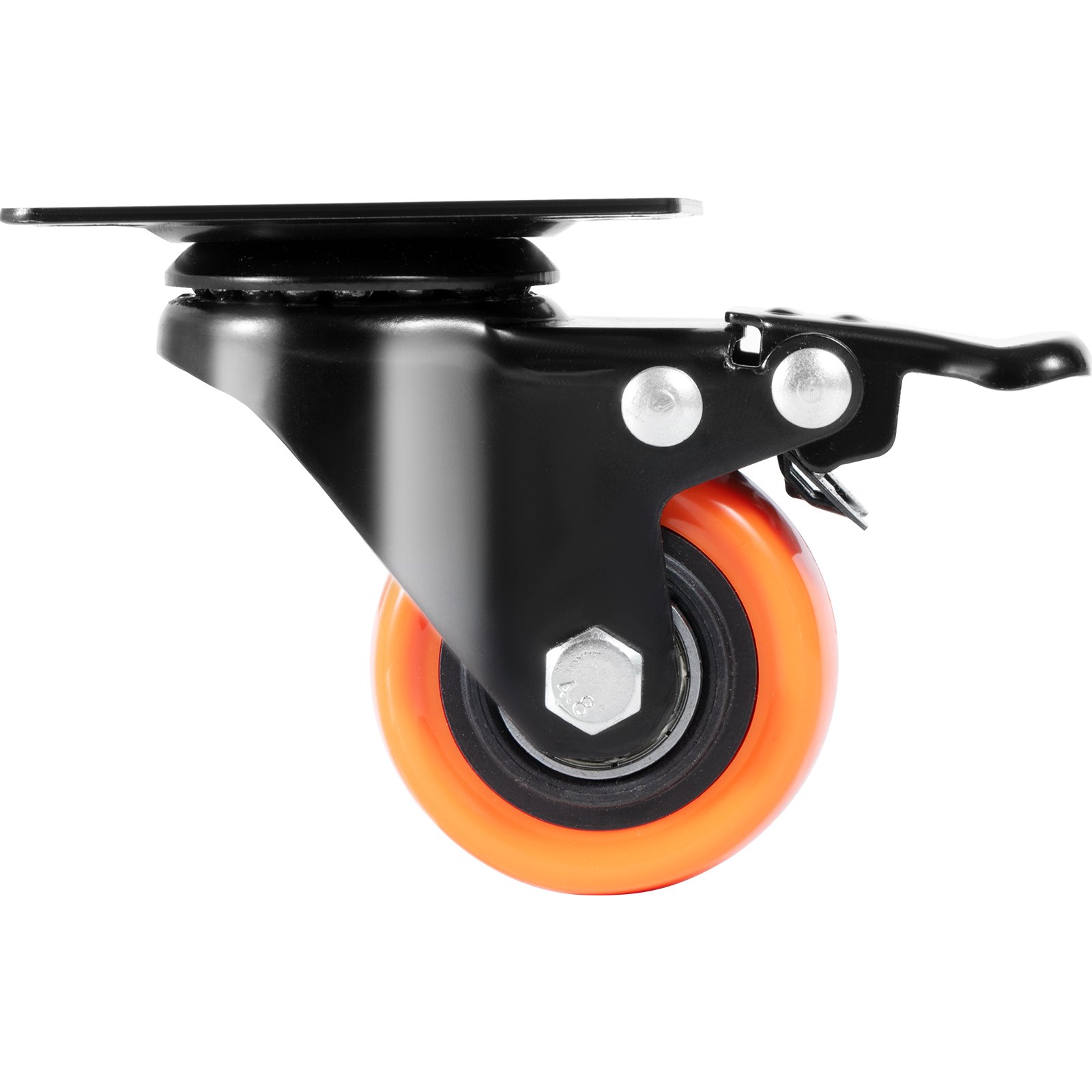 black metal wheel mount with an orange wheel and brake lever for VEVOR caster wheels.