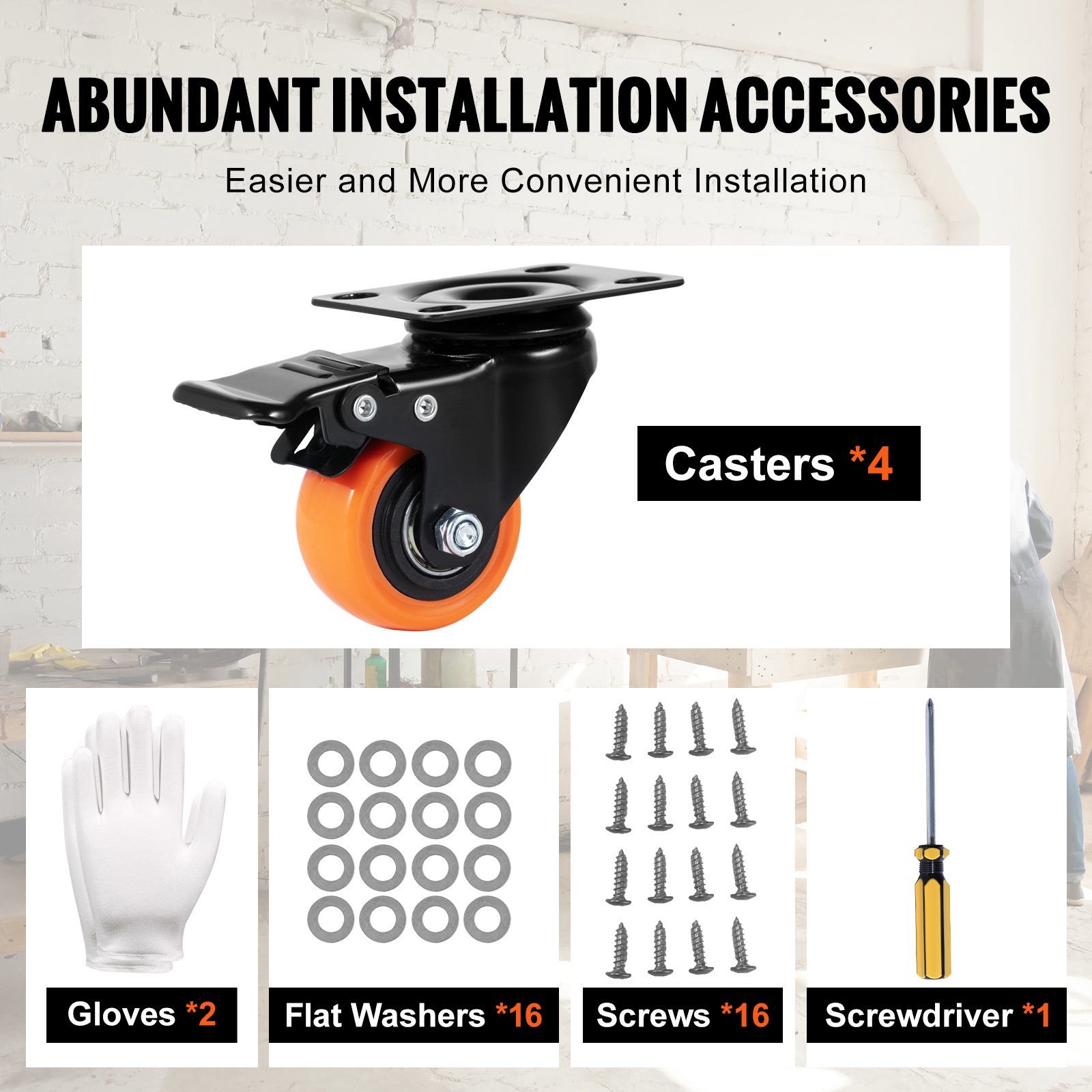VEVOR Caster Wheels, 50.8 mm Swivel Plate Casters, Set of 4, with Security Dual Locking No Noise PVC Wheels, Heavy Duty 68 kg Load Capacity Per Caster, Non-Marking Wheels for Cart Furniture Workbench