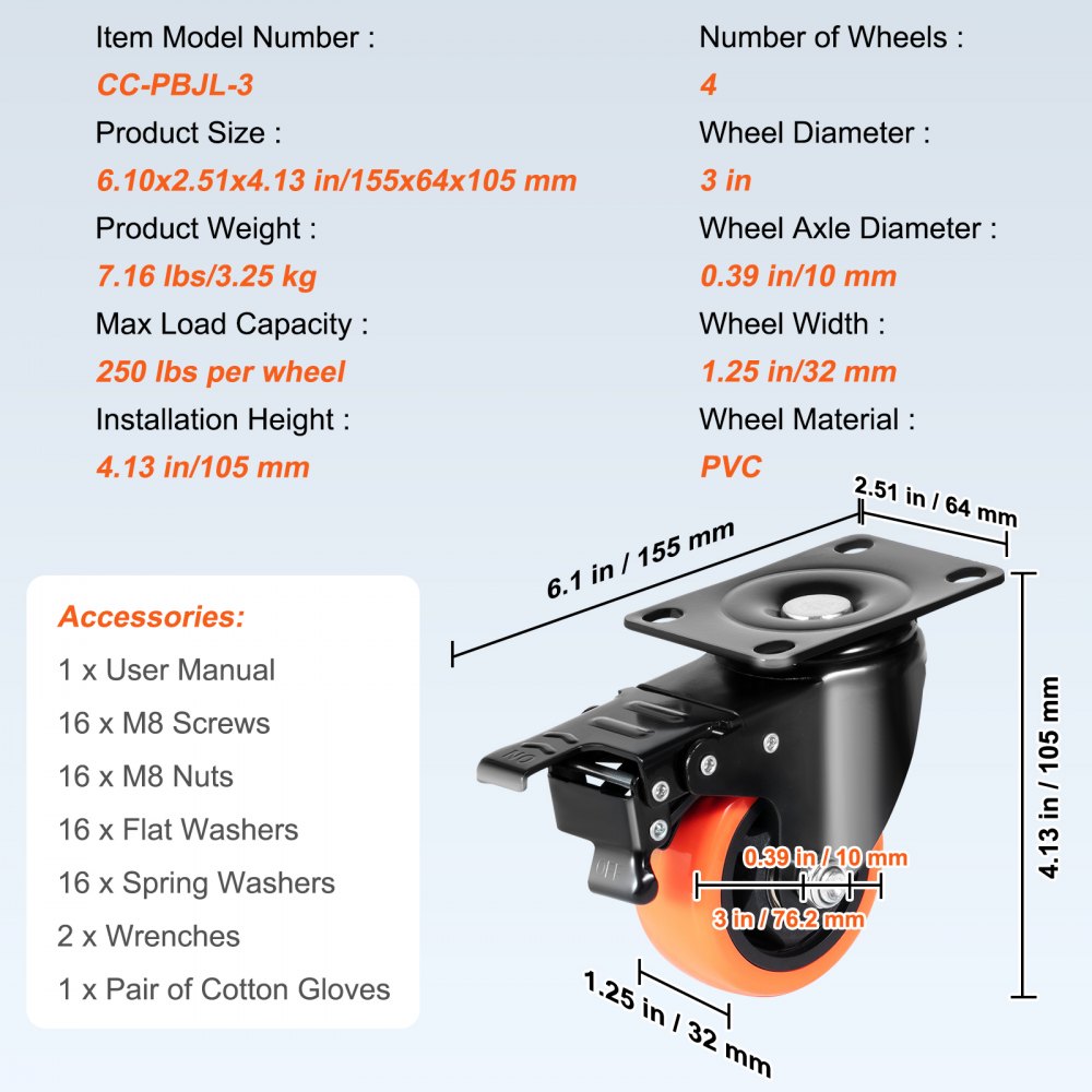 VEVOR Caster Wheels, 7.6 cm Swivel Plate Casters, Set of 4, with Security A/B Locking No Noise PVC Wheels, Heavy Duty 113.4 kg Load Capacity Per Caster, Non-Marking Wheels for Cart Furniture Workbench