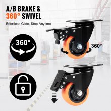 VEVOR Caster Wheels, 3-inch Swivel Plate Casters, Set of 4, with Security A/B Locking No Noise PVC Wheels, Heavy Duty 250 lbs Load Capacity Per Caster, Non-Marking Wheels for Cart Furniture Workbench