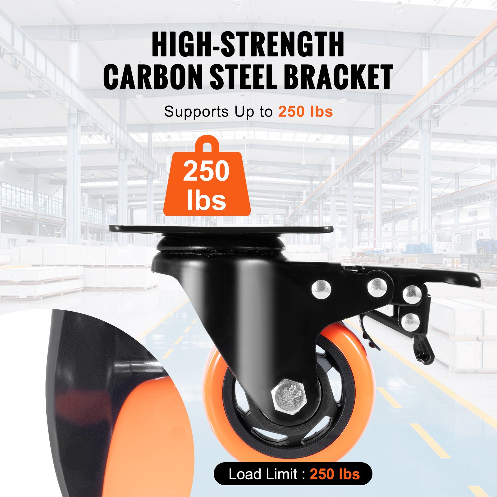 VEVOR Caster Wheels, 7.6 cm Swivel Plate Casters, Set of 4, with Security A/B Locking No Noise PVC Wheels, Heavy Duty 113.4 kg Load Capacity Per Caster, Non-Marking Wheels for Cart Furniture Workbench