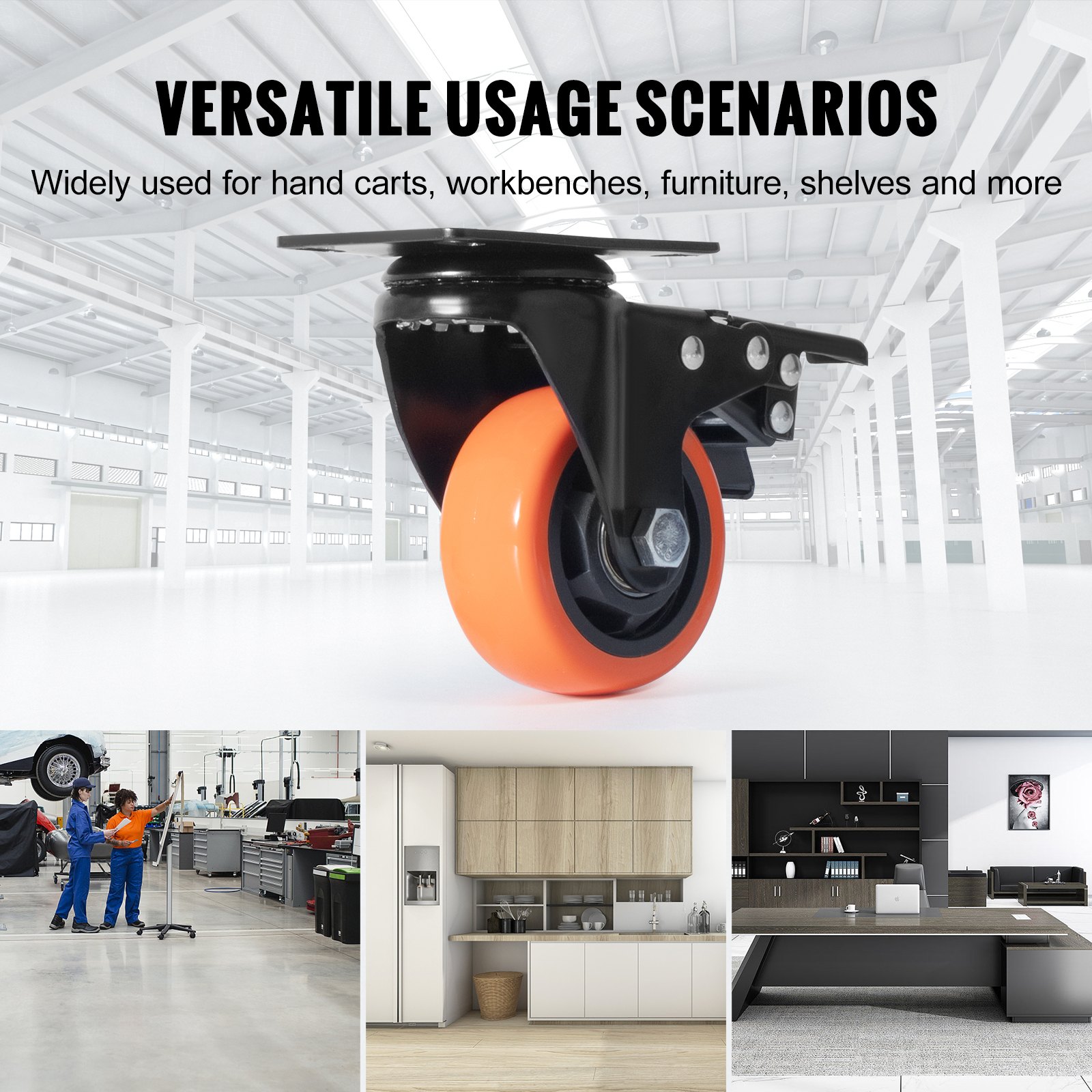 VEVOR Caster Wheels, 7.6 cm Swivel Plate Casters, Set of 4, with Security A/B Locking No Noise PVC Wheels, Heavy Duty 113.4 kg Load Capacity Per Caster, Non-Marking Wheels for Cart Furniture Workbench