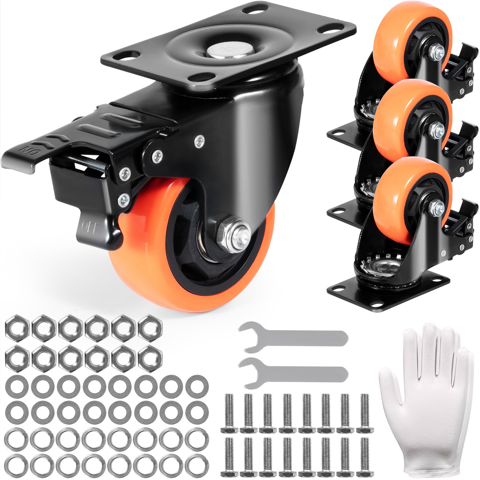 VEVOR Caster Wheels, 7.6 cm Swivel Plate Casters, Set of 4, with Security A/B Locking No Noise PVC Wheels, Heavy Duty 113.4 kg Load Capacity Per Caster, Non-Marking Wheels for Cart Furniture Workbench