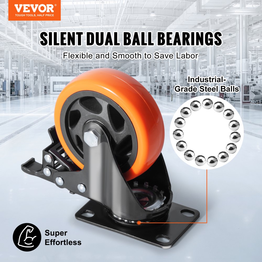 VEVOR Caster Wheels, 10.1 cm Swivel Plate Casters, Set of 4, with Security A/B Locking No Noise PVC Wheels, Heavy Duty 158.8 kg Load Capacity Per Caster, Non-Marking Wheels for Cart Furniture Workbench