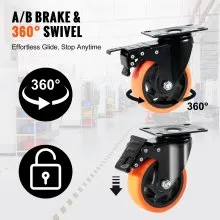 VEVOR Caster Wheels, 4-inch Swivel Plate Casters, Set of 4, with Security A/B Locking No Noise PVC Wheels, Heavy Duty 350 lbs Load Capacity Per Caster, Non-Marking Wheels for Cart Furniture Workbench