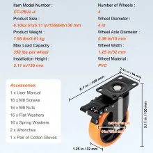VEVOR Caster Wheels, 4-inch Swivel Plate Casters, Set of 4, with Security A/B Locking No Noise PVC Wheels, Heavy Duty 350 lbs Load Capacity Per Caster, Non-Marking Wheels for Cart Furniture Workbench