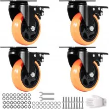 VEVOR Caster Wheels, 101.6 mm Swivel Plate Casters, Set of 4, with Security A/B Locking No Noise PVC Wheels, Heavy Duty 159 kg Load Capacity Per Caster, Non-Marking Wheels for Cart Furniture Workbench