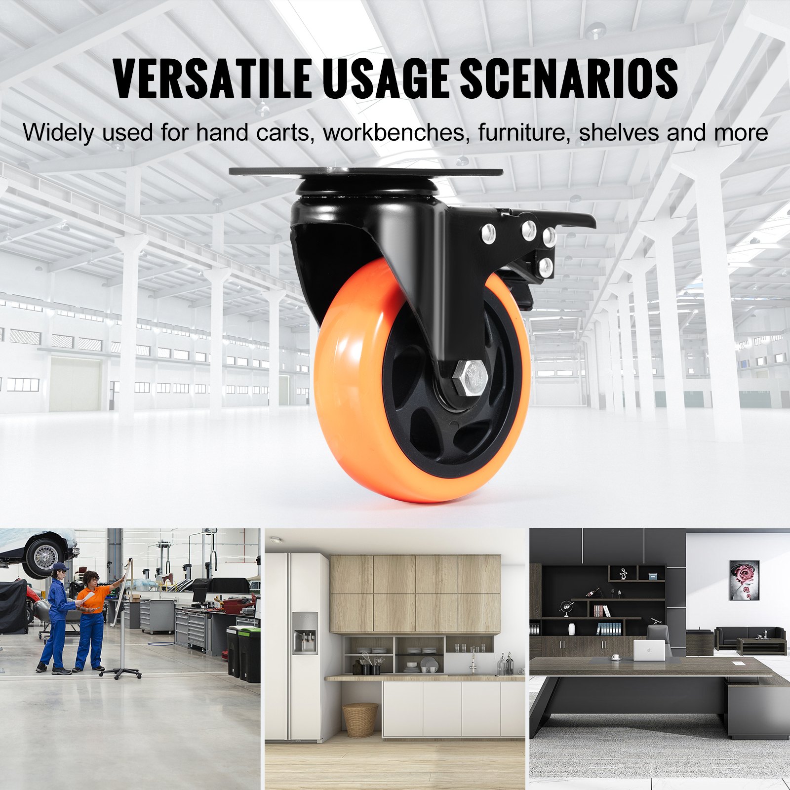VEVOR Caster Wheels, 10.1 cm Swivel Plate Casters, Set of 4, with Security A/B Locking No Noise PVC Wheels, Heavy Duty 158.8 kg Load Capacity Per Caster, Non-Marking Wheels for Cart Furniture Workbench