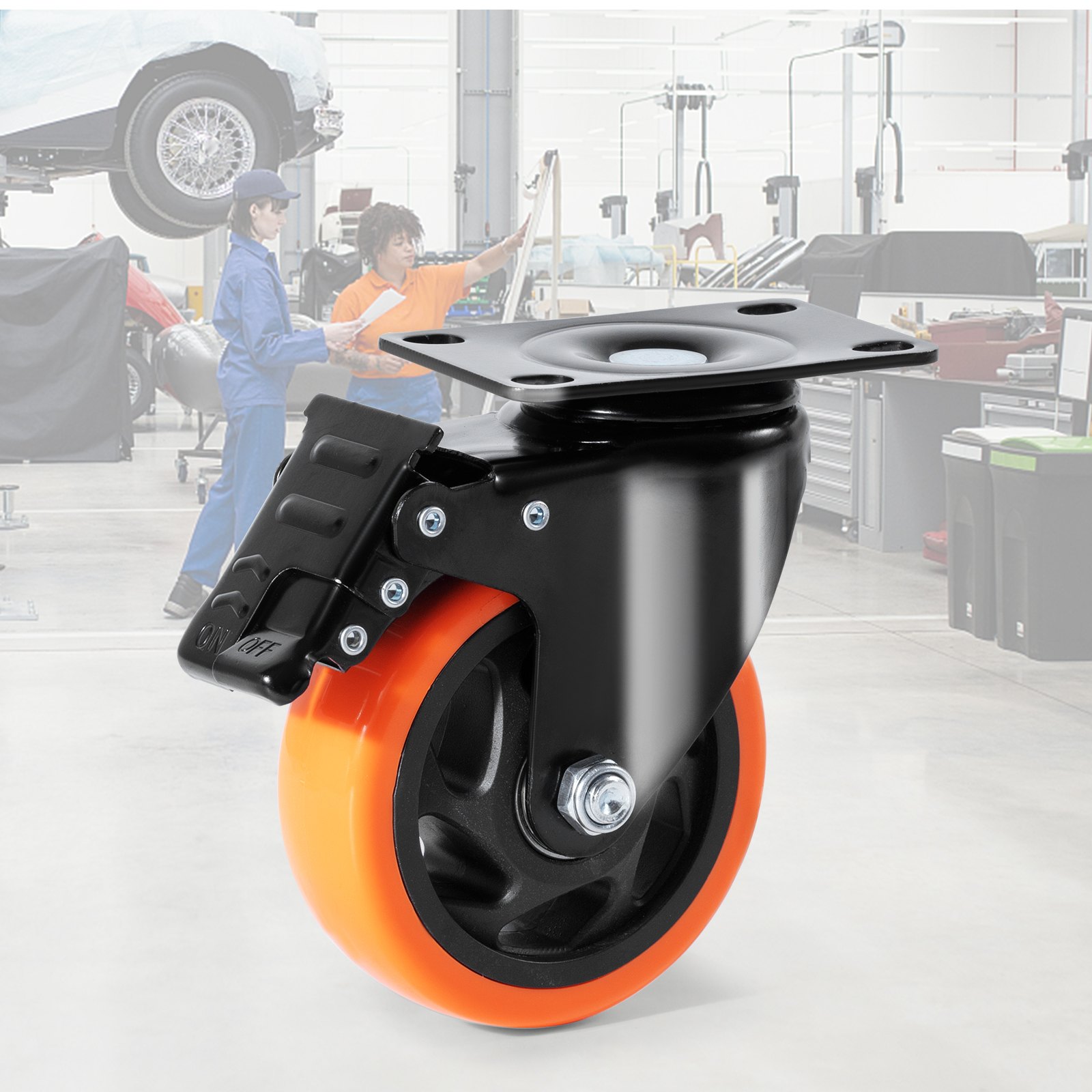 VEVOR Caster Wheels, 10.1 cm Swivel Plate Casters, Set of 4, with Security A/B Locking No Noise PVC Wheels, Heavy Duty 158.8 kg Load Capacity Per Caster, Non-Marking Wheels for Cart Furniture Workbench