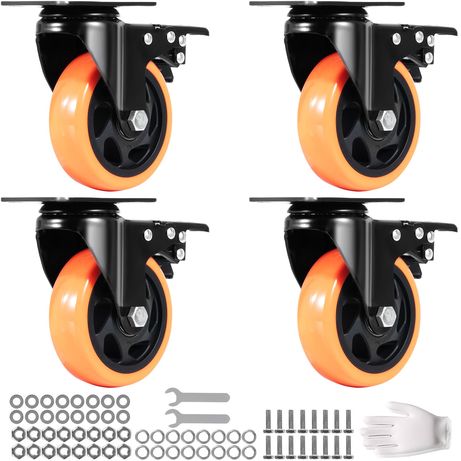 VEVOR Caster Wheels, 10.1 cm Swivel Plate Casters, Set of 4, with Security A/B Locking No Noise PVC Wheels, Heavy Duty 158.8 kg Load Capacity Per Caster, Non-Marking Wheels for Cart Furniture Workbench
