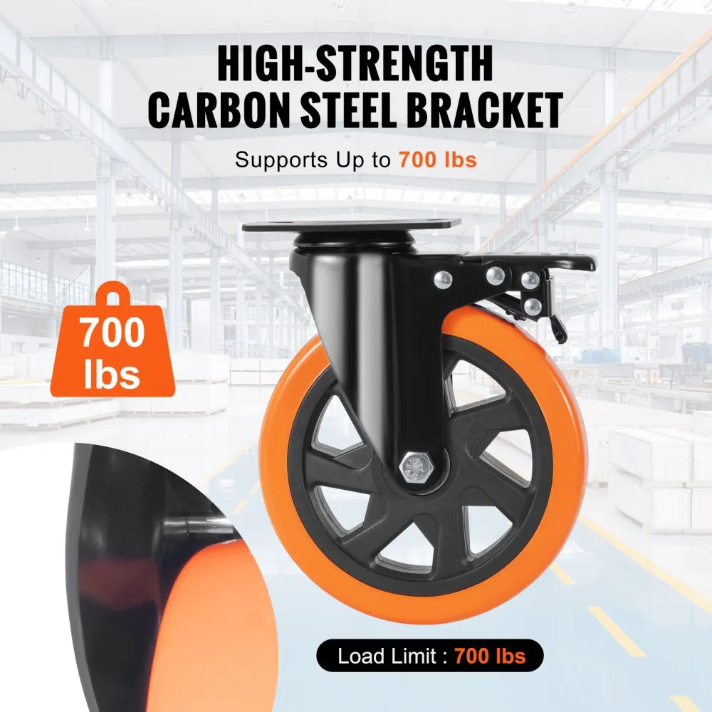 VEVOR Caster Wheels, 15.2 cm Swivel Plate Casters, Set of 4, with Security A/B Locking No Noise PVC Wheels, Heavy Duty 317.5 kg Load Capacity Per Caster, Non-Marking Wheels for Cart Furniture Workbench