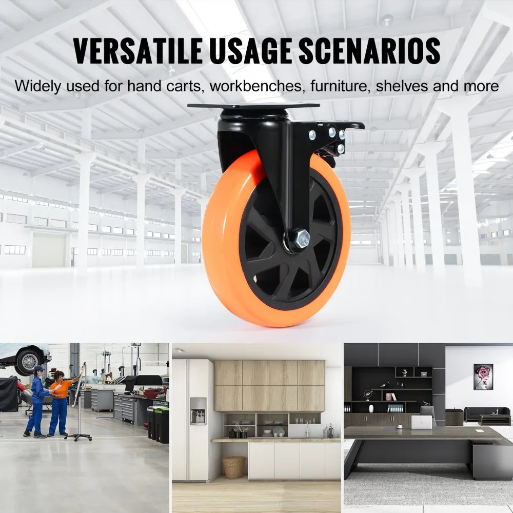 VEVOR Caster Wheels, 15.2 cm Swivel Plate Casters, Set of 4, with Security A/B Locking No Noise PVC Wheels, Heavy Duty 317.5 kg Load Capacity Per Caster, Non-Marking Wheels for Cart Furniture Workbench
