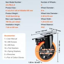 VEVOR Caster Wheels, 6-inch Swivel Plate Casters, Set of 4, with Security A/B Locking No Noise PVC Wheels, Heavy Duty 700 lbs Load Capacity Per Caster, Non-Marking Wheels for Cart Furniture Workbench
