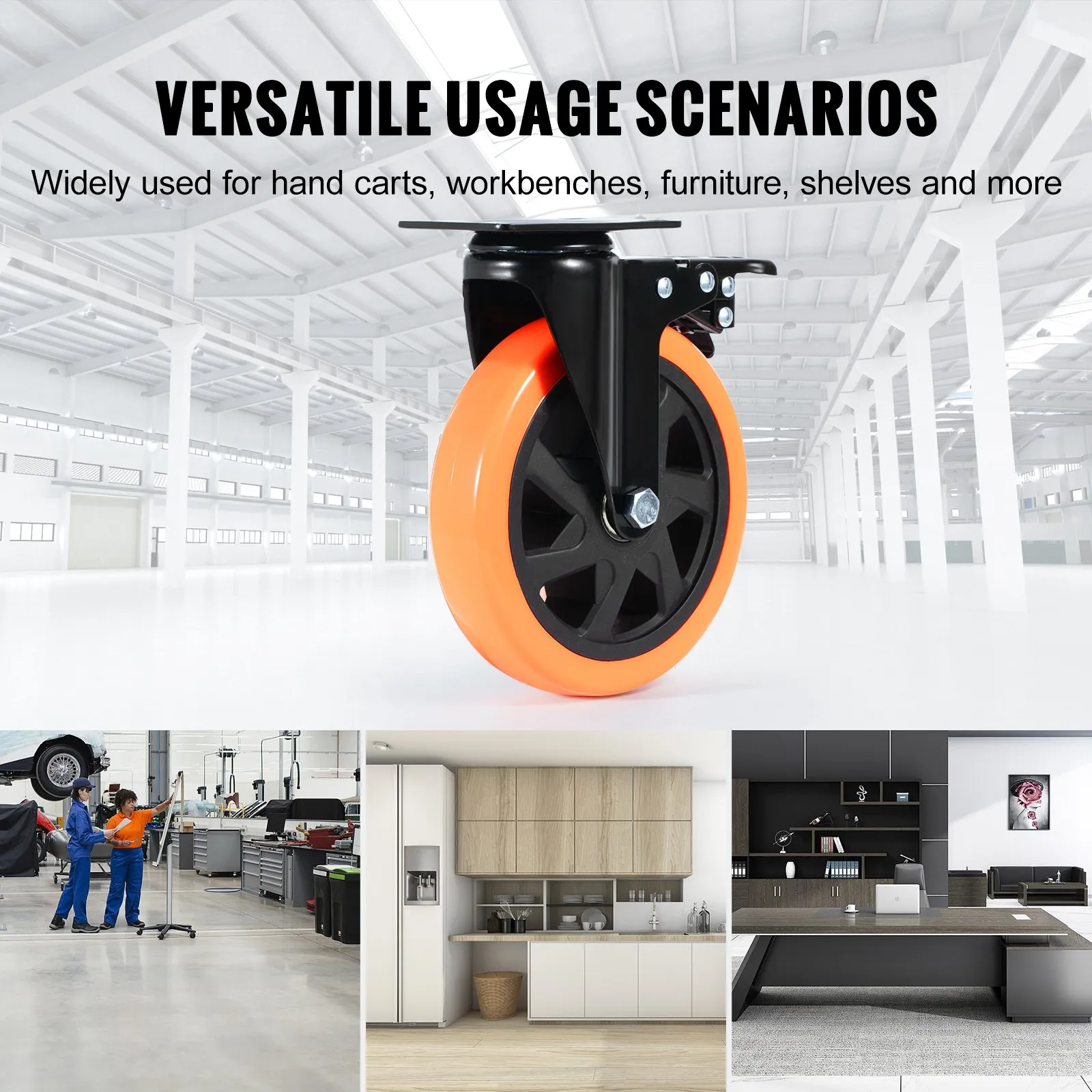 VEVOR Caster Wheels, 15.2 cm Swivel Plate Casters, Set of 4, with Security A/B Locking No Noise PVC Wheels, Heavy Duty 317.5 kg Load Capacity Per Caster, Non-Marking Wheels for Cart Furniture Workbench