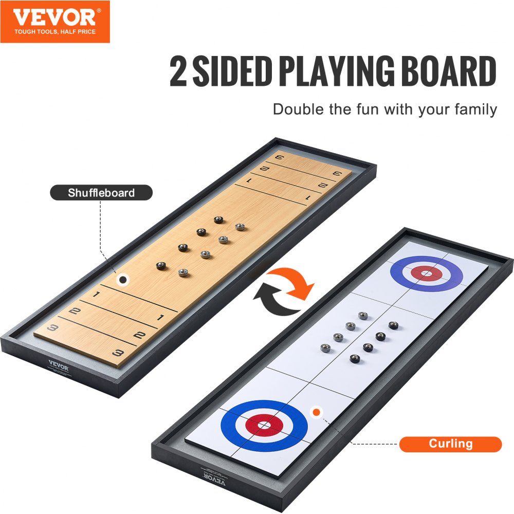 VEVOR Shuffleboard and Curling 2 in 1 Board Games, 45" Portable Tabletop Set, Two Sided Tabletop Shuffleboard with 8 Rolling Pucks, Shuffleboard and Curling Combo Game Set for Kids and Family