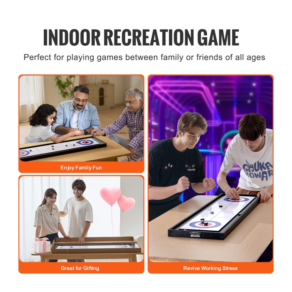 VEVOR Shuffleboard and Curling 2 in 1 Board Games, 45" Portable Tabletop Set, Two Sided Tabletop Shuffleboard with 8 Rolling Pucks, Shuffleboard and Curling Combo Game Set for Kids and Family