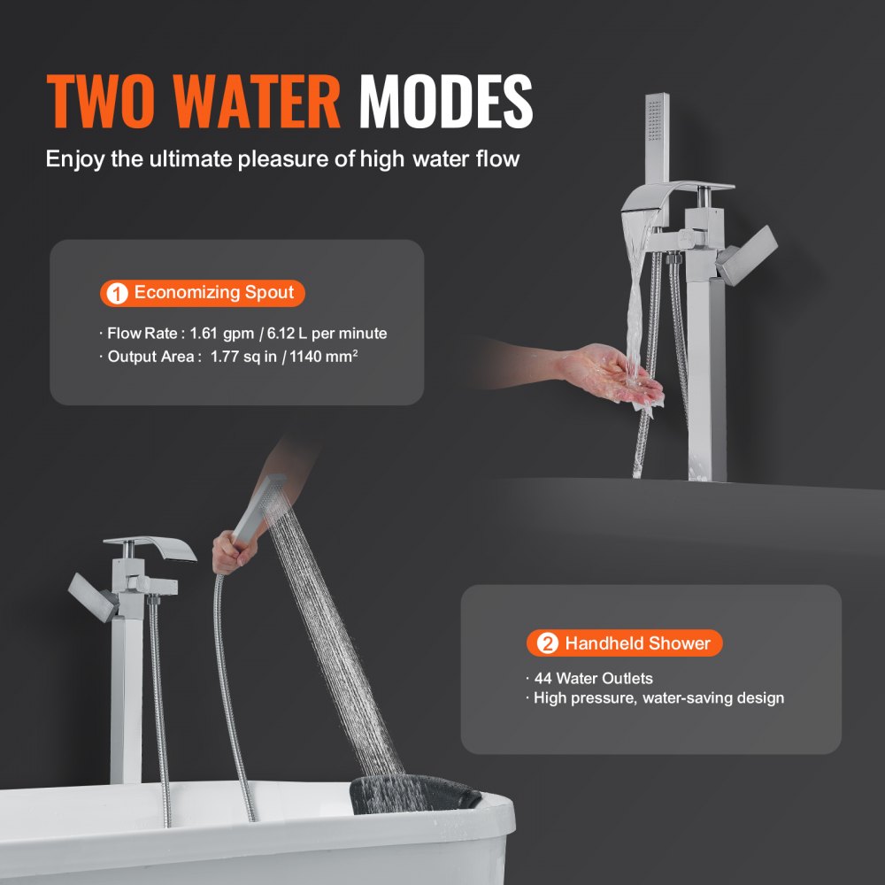 VEVOR freestanding bathtub faucet with economizing spout and handheld shower, showcasing two water modes.