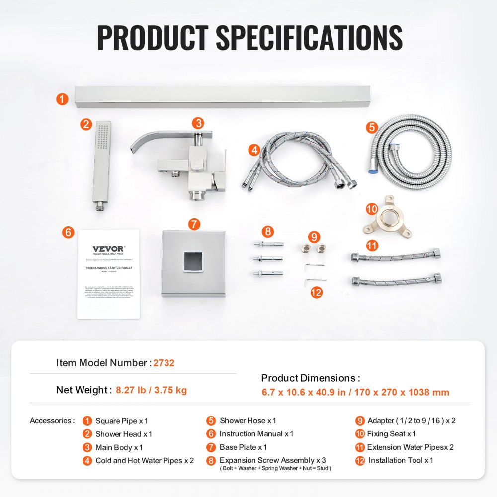 VEVOR freestanding bathtub faucet components with shower head, hoses, base plate, and installation tools.