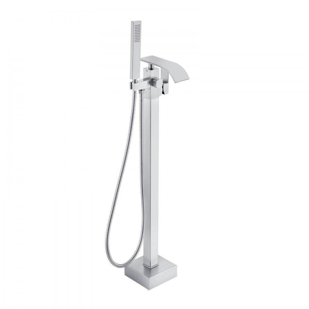 modern chrome VEVOR freestanding bathtub faucet with handheld shower and square base design.