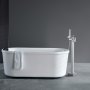 modern bathroom with VEVOR freestanding bathtub faucet and sleek white bathtub with towel hanging.