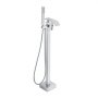 modern chrome VEVOR freestanding bathtub faucet with handheld shower and square base design.