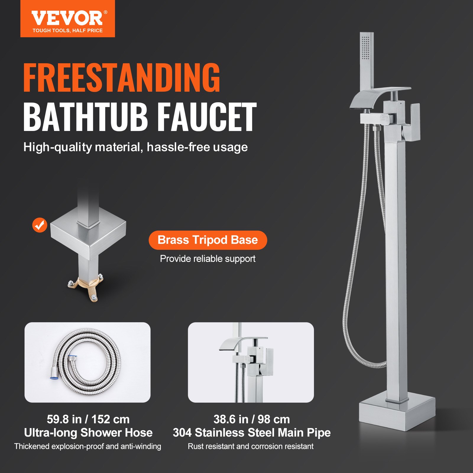 VEVOR freestanding bathtub faucet with brass tripod base, stainless steel pipe, and ultra-long shower hose.