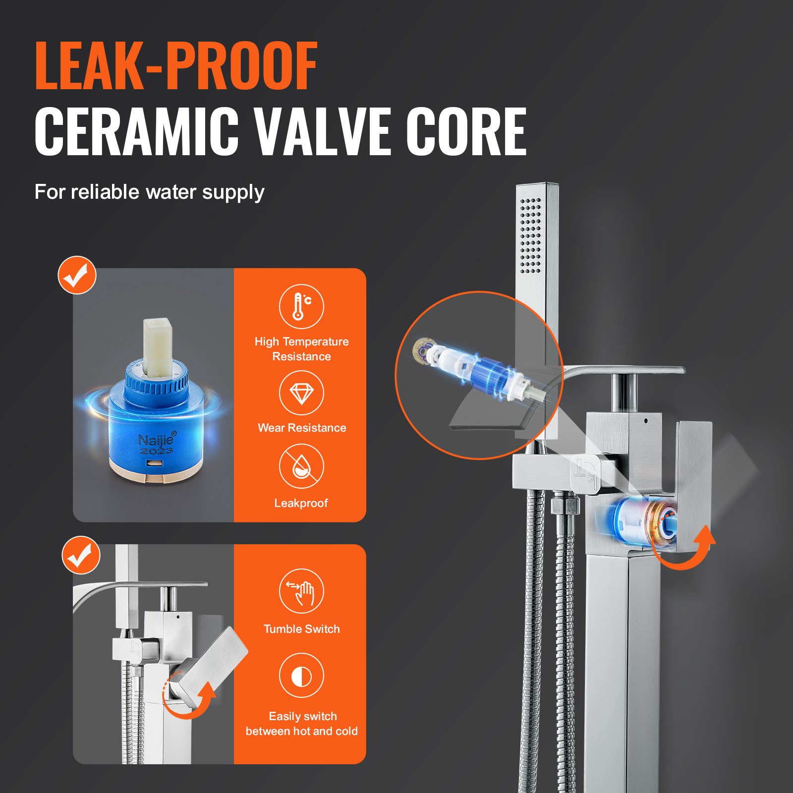 leakproof ceramic valve core in VEVOR freestanding bathtub faucet for reliable water supply and temperature control.