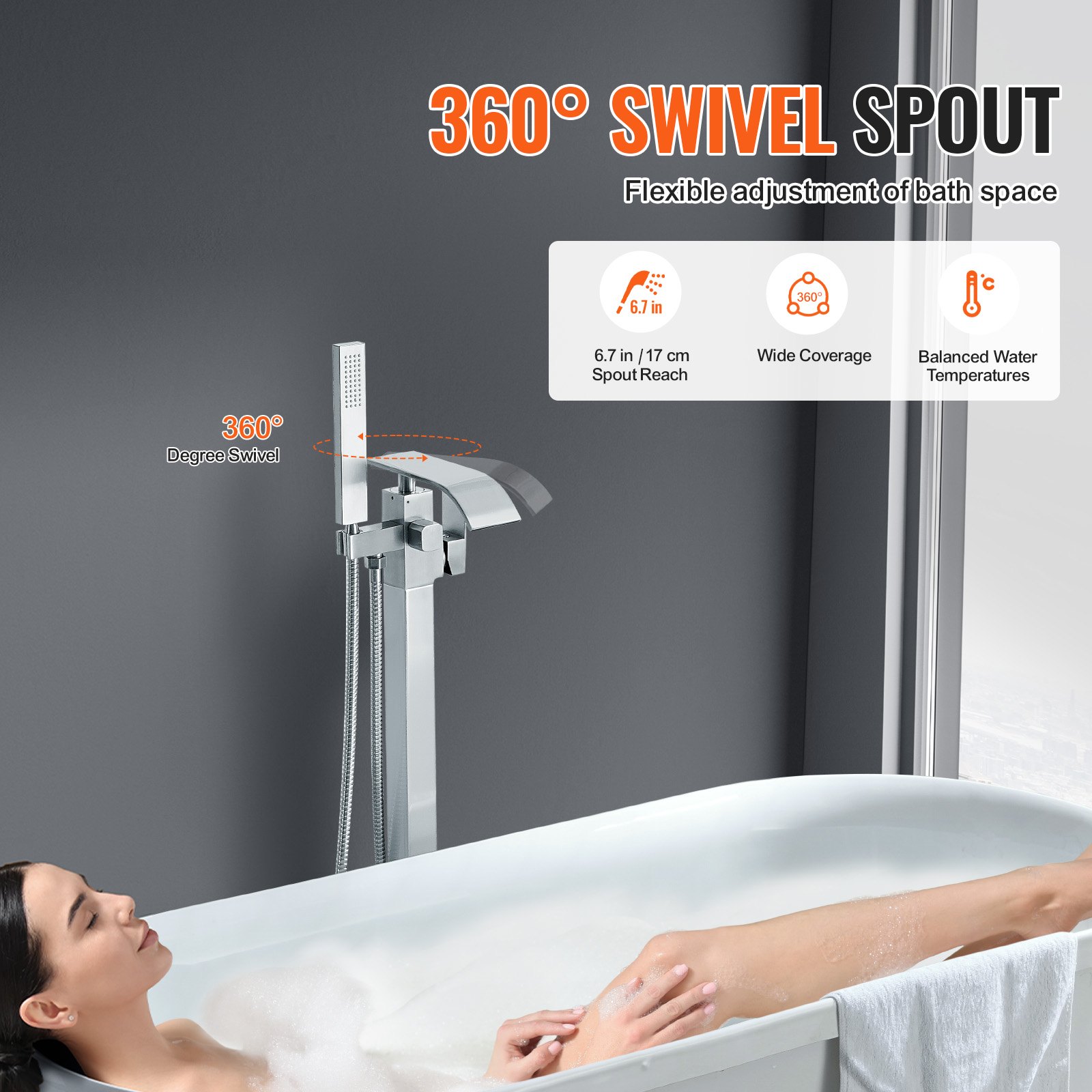 VEVOR freestanding bathtub faucet with 360° swivel spout, 6.7 in reach, wide coverage, balanced temperature.