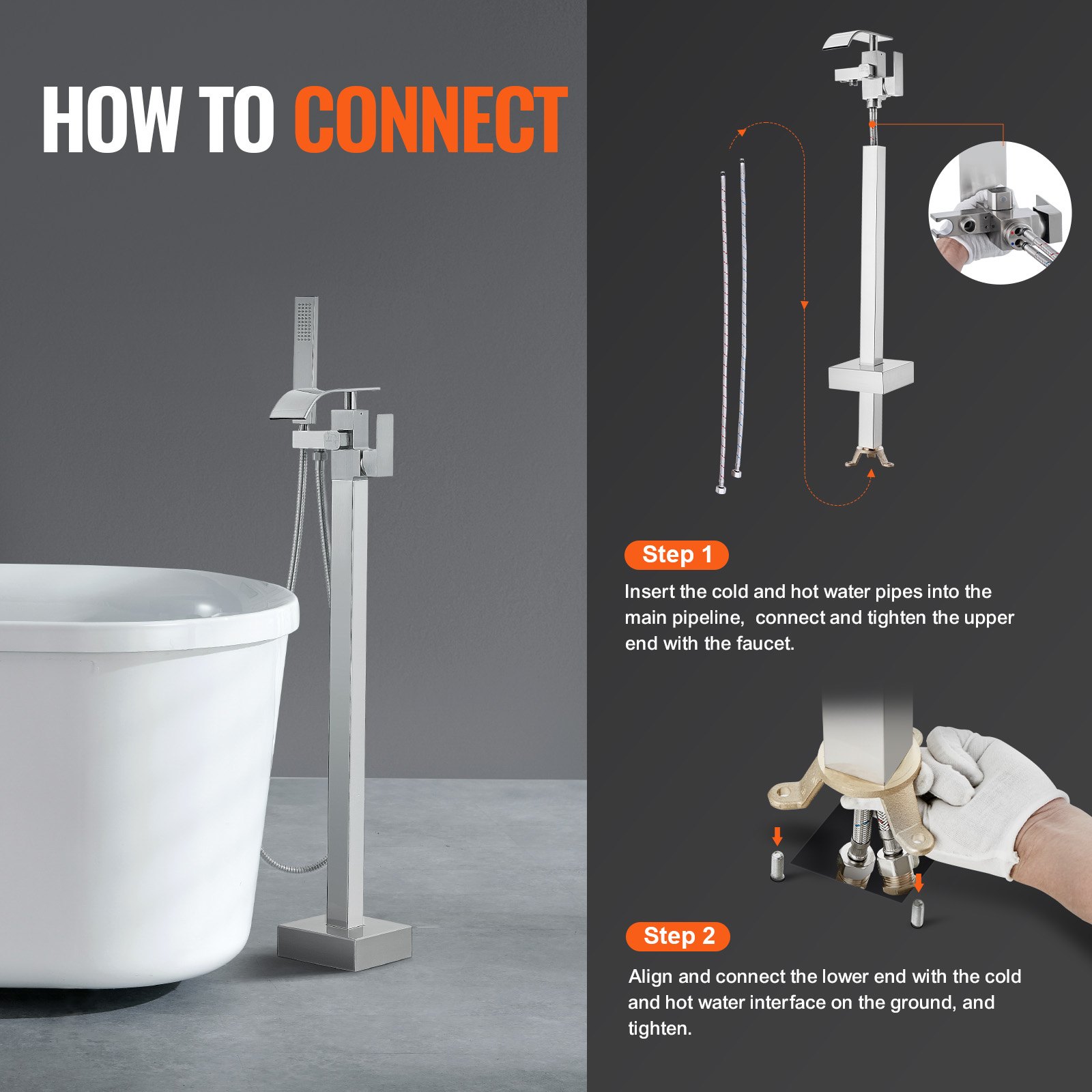 VEVOR faucet installation guide for bathtub, showing connection steps and components.