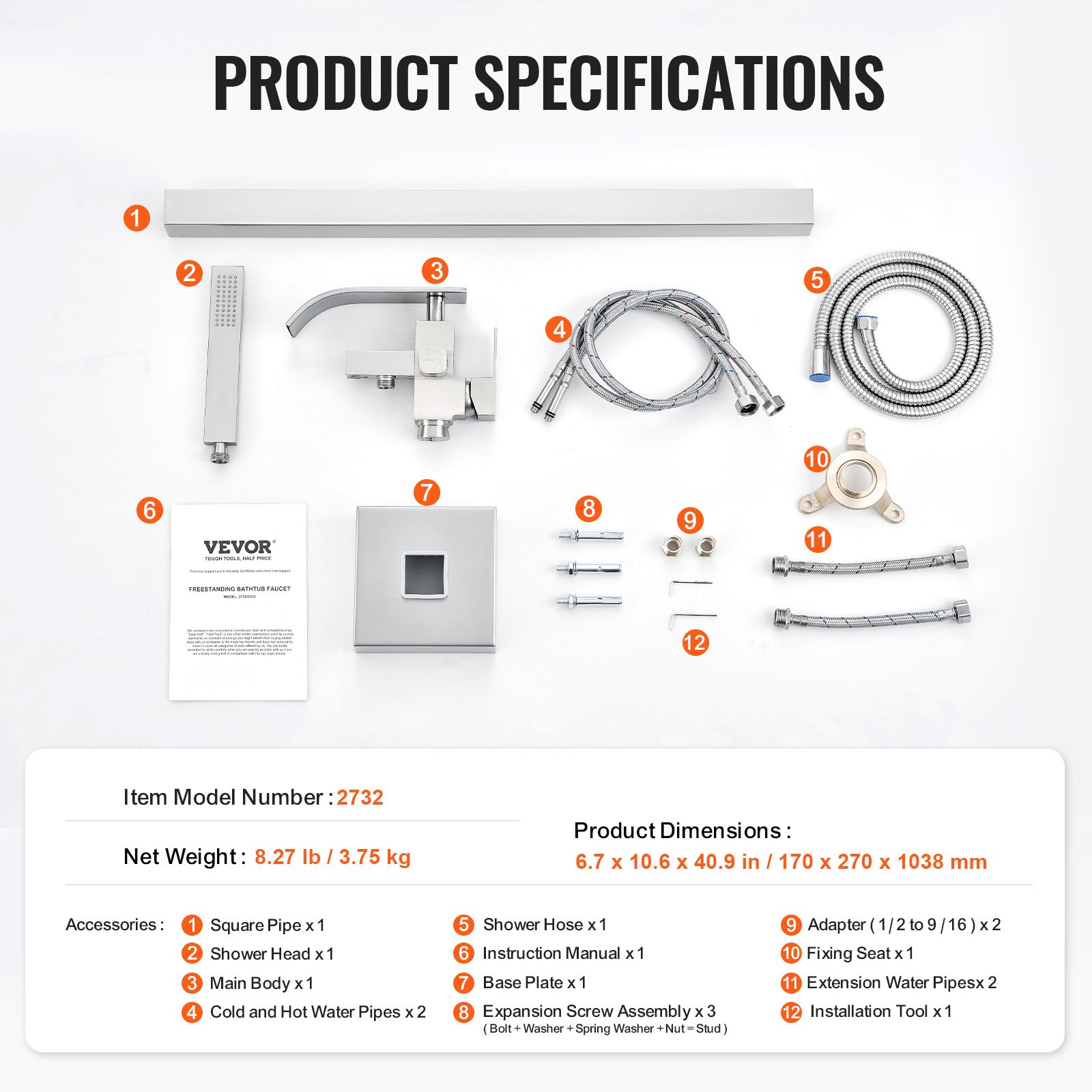 VEVOR freestanding bathtub faucet components with shower head, hoses, base plate, and installation tools.