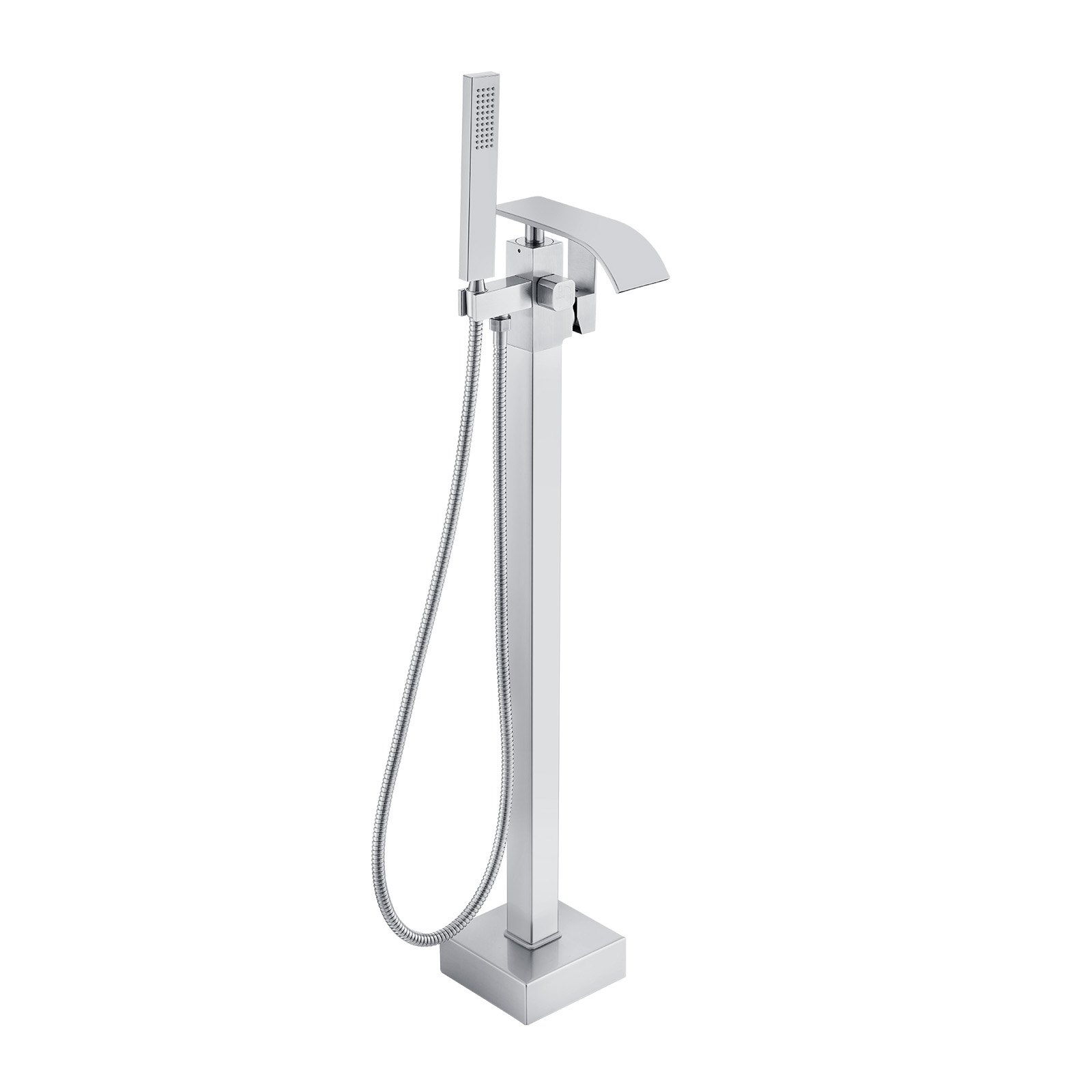 modern chrome VEVOR freestanding bathtub faucet with handheld shower and square base design.