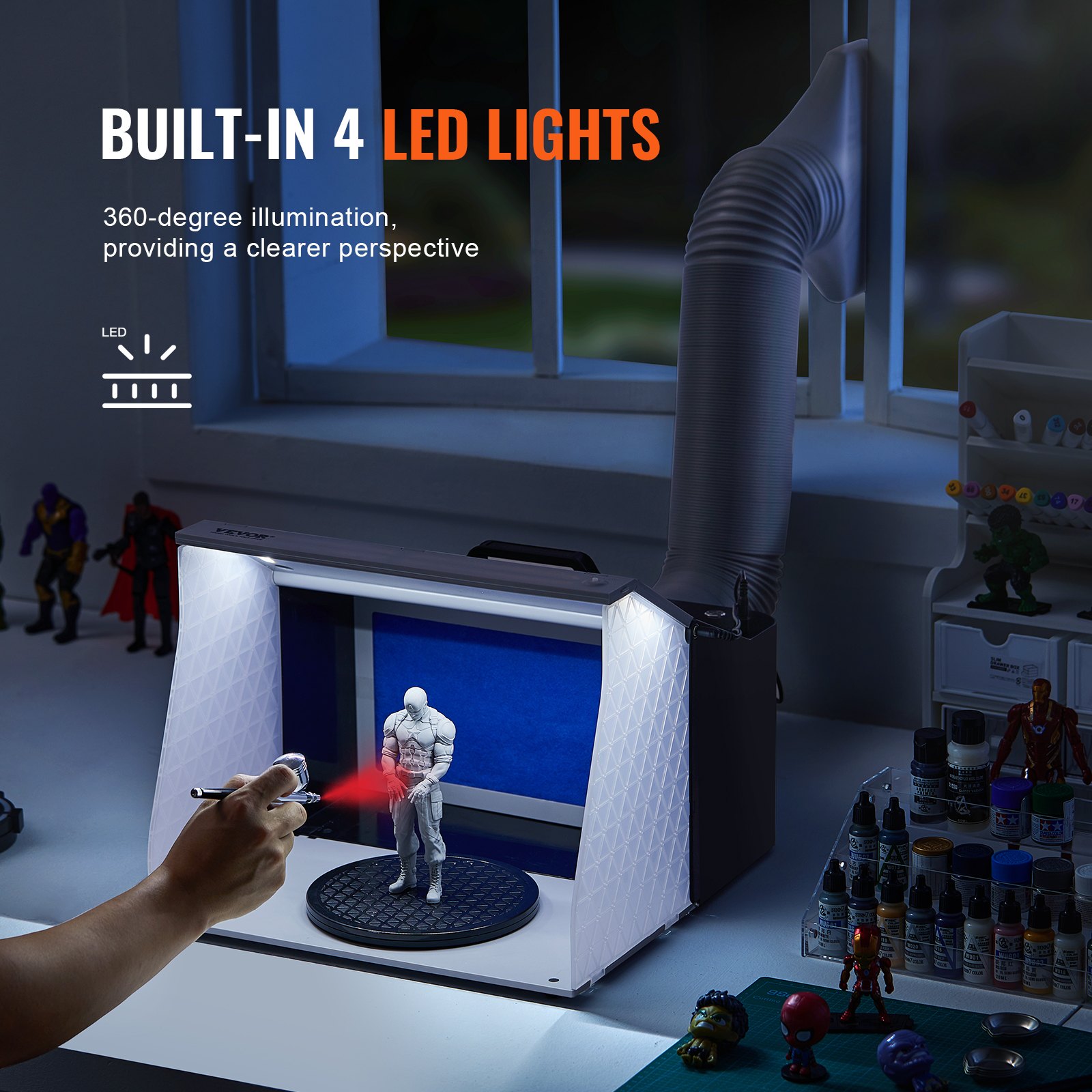 VEVOR Airbrush Spray Booth, Portable Hobby Airbrush Paint Spray Booth Kit with 4 LED Light, Powerful Dual Exhaust Fans, Turntable and 6 ft Extension Hose, for Painting Models, Arts, Crafts, Cakes