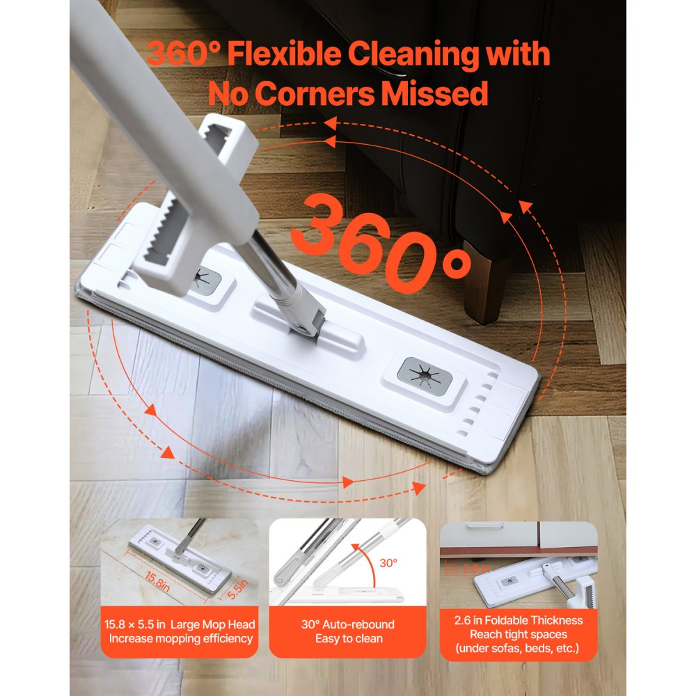VEVOR Flat Mop, Self Wringing, Microfiber Floor Mop with 4 Reusable & Washable Mop Pads for Dry & Wet Floor Cleaning, Microfiber Flat Mop with Stainless Steel Handle for Hardwood Laminate Tile Vinyl