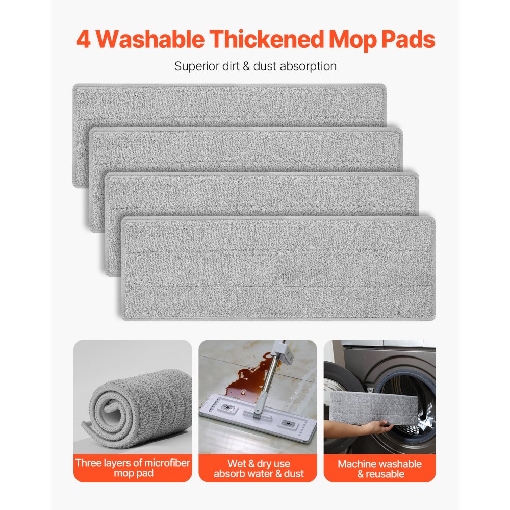 VEVOR Flat Mop, Self Wringing, Microfiber Floor Mop with 4 Reusable & Washable Mop Pads for Dry & Wet Floor Cleaning, Microfiber Flat Mop with Stainless Steel Handle for Hardwood Laminate Tile Vinyl
