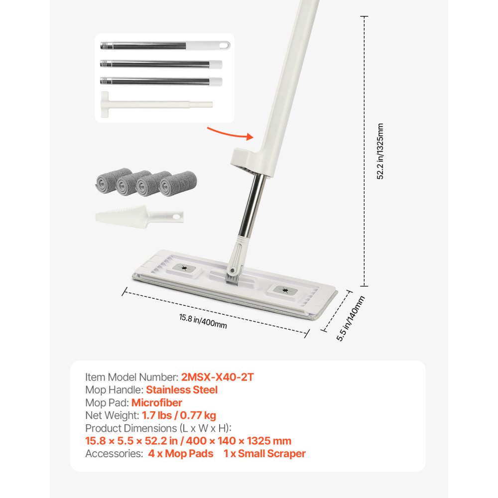 VEVOR Flat Mop, Self Wringing, Microfiber Floor Mop with 4 Reusable & Washable Mop Pads for Dry & Wet Floor Cleaning, Microfiber Flat Mop with Stainless Steel Handle for Hardwood Laminate Tile Vinyl