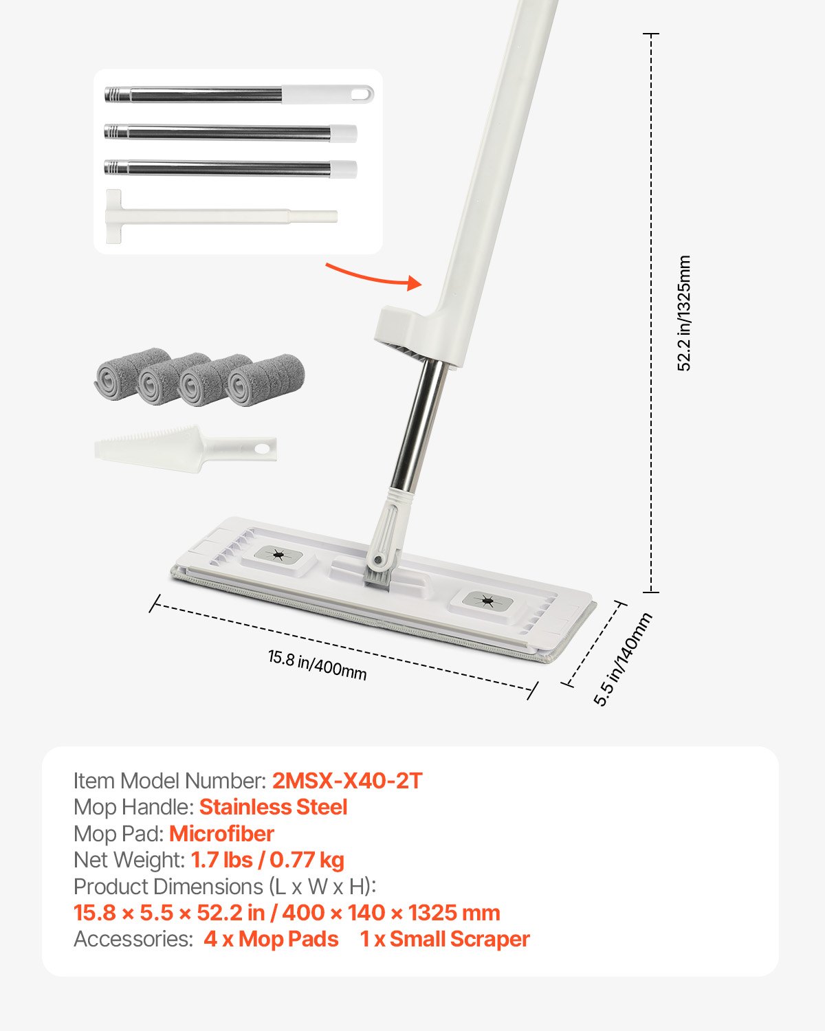 VEVOR Flat Mop, Self Wringing, Microfiber Floor Mop with 4 Reusable & Washable Mop Pads for Dry & Wet Floor Cleaning, Microfiber Flat Mop with Stainless Steel Handle for Hardwood Laminate Tile Vinyl