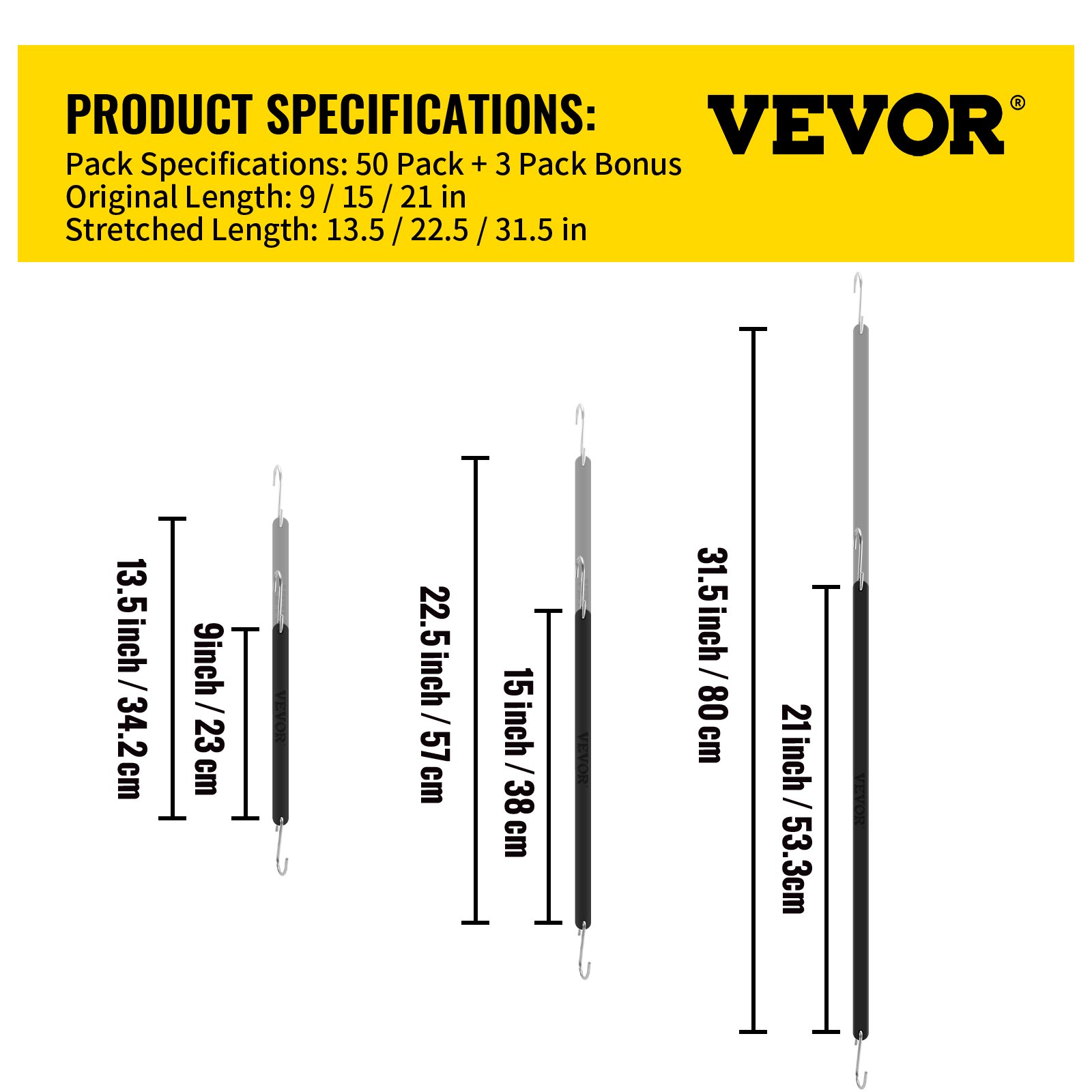 VEVOR Rubber Bungee Cords, 11 Pack 9", 21 Pack 15", 21 Pack 21", Natural Rubber Tie Down Straps w/ S Hooks, Heavy Duty Assorted Sizes Outdoor Tarp Straps for Securing Flatbed Trailers, Canvases, Cargo