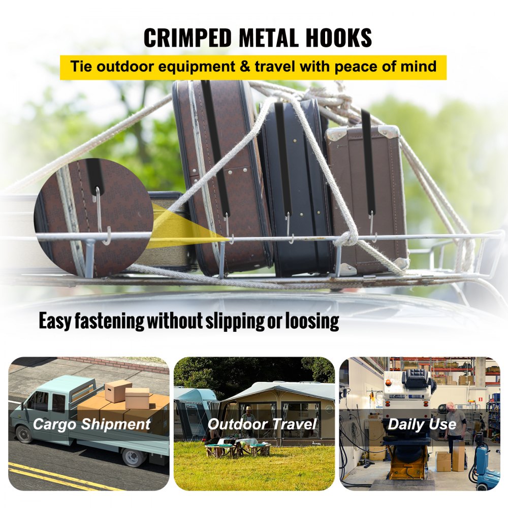 VEVOR rubber bungee cords securing luggage on a roof rack, ideal for cargo shipment, outdoor travel, and daily use.
