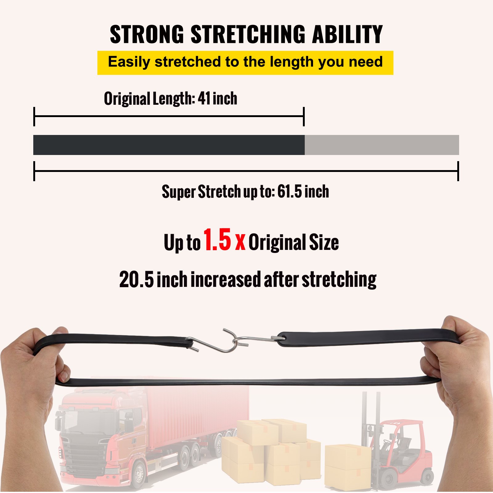 VEVOR rubber bungee cords, original length 41 inch, super stretch to 61.5 inch, up to 1.5x size.