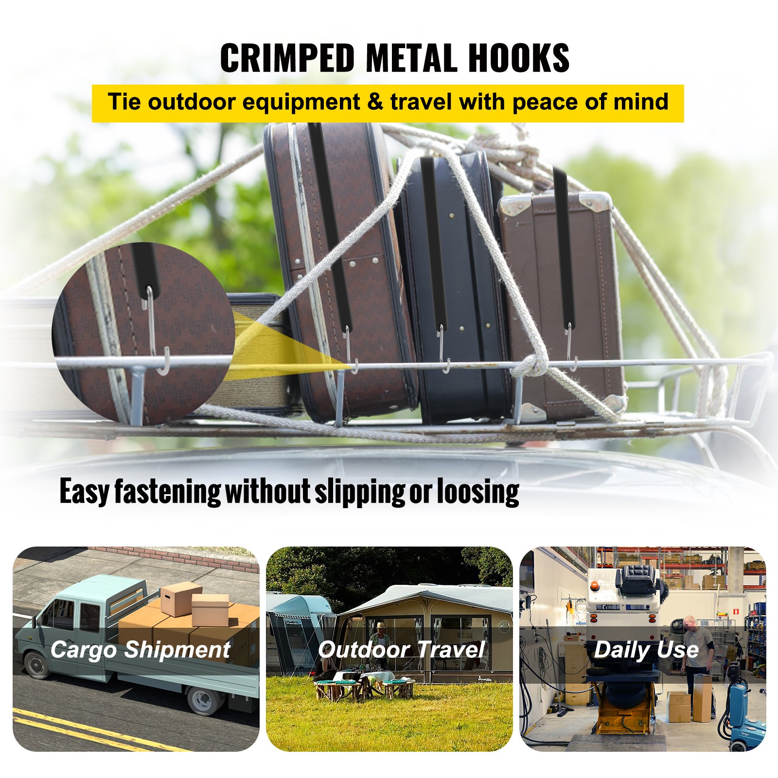 VEVOR rubber bungee cords securing luggage on a roof rack, ideal for cargo shipment, outdoor travel, and daily use.