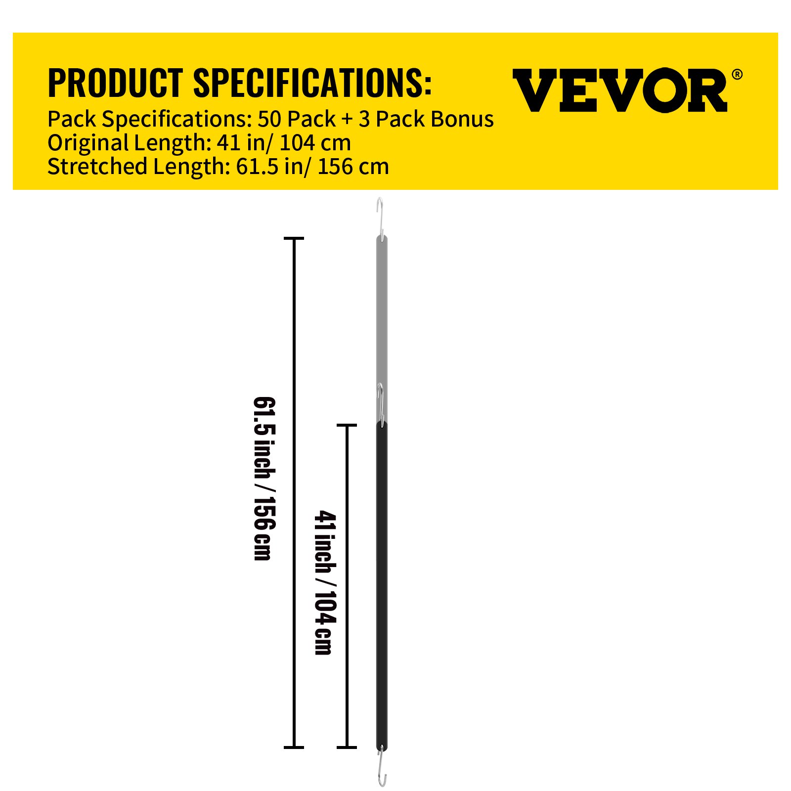 VEVOR rubber bungee cords, 50 pack + 3 bonus packs, length 41 in to 61.5 in, black with hooks.