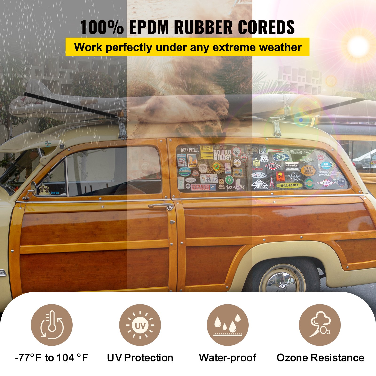 VEVOR rubber bungee cords: all-weather use, uv protection, waterproof, and ozone resistance features.