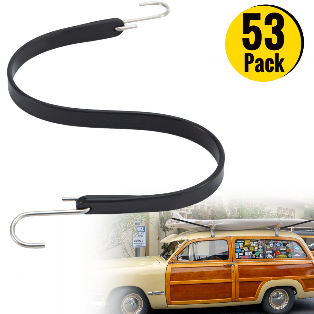 VEVOR rubber bungee cords 53 pack with metal hooks and vintage car background.