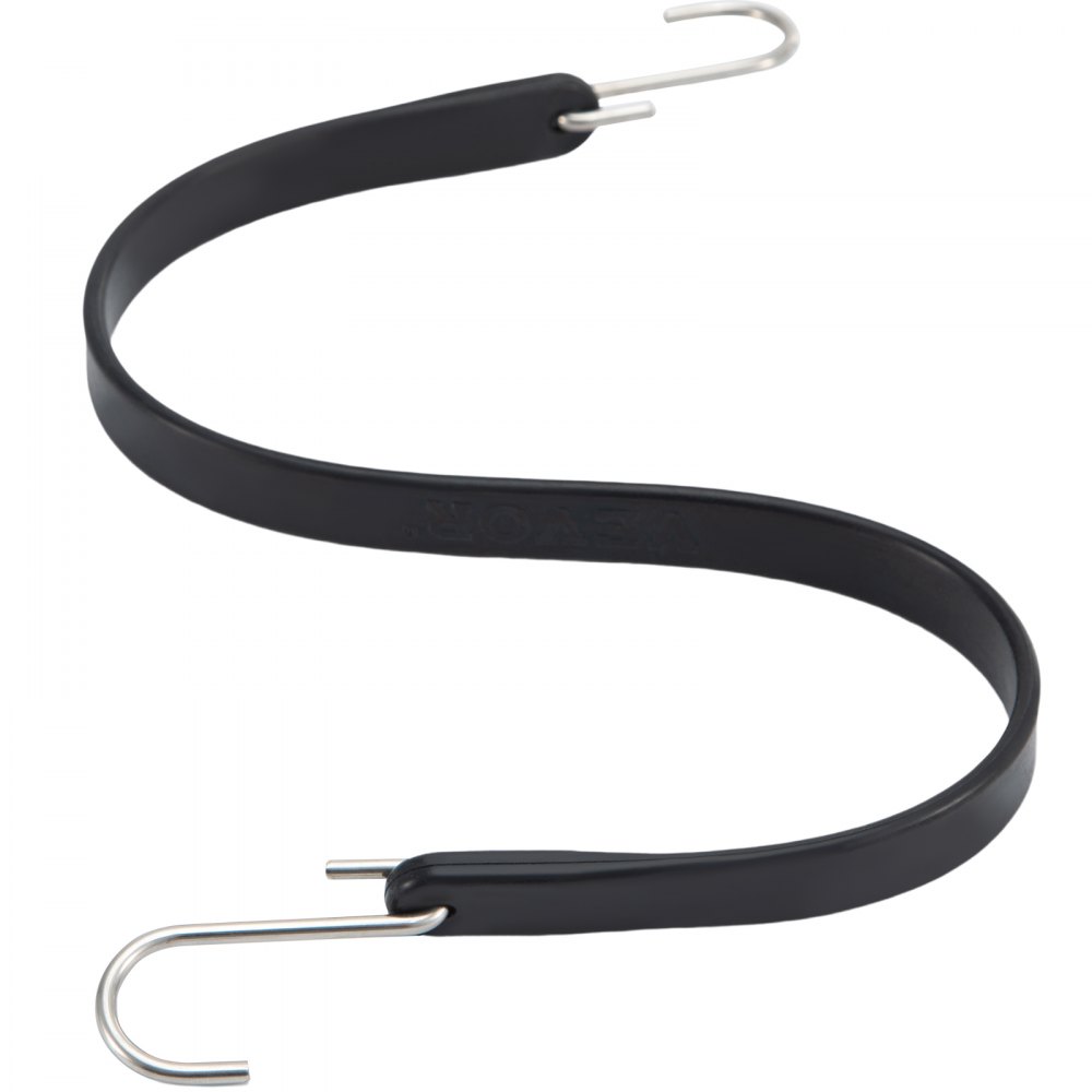 black VEVOR rubber bungee cord with metal hooks at both ends, coiled in an s shape.