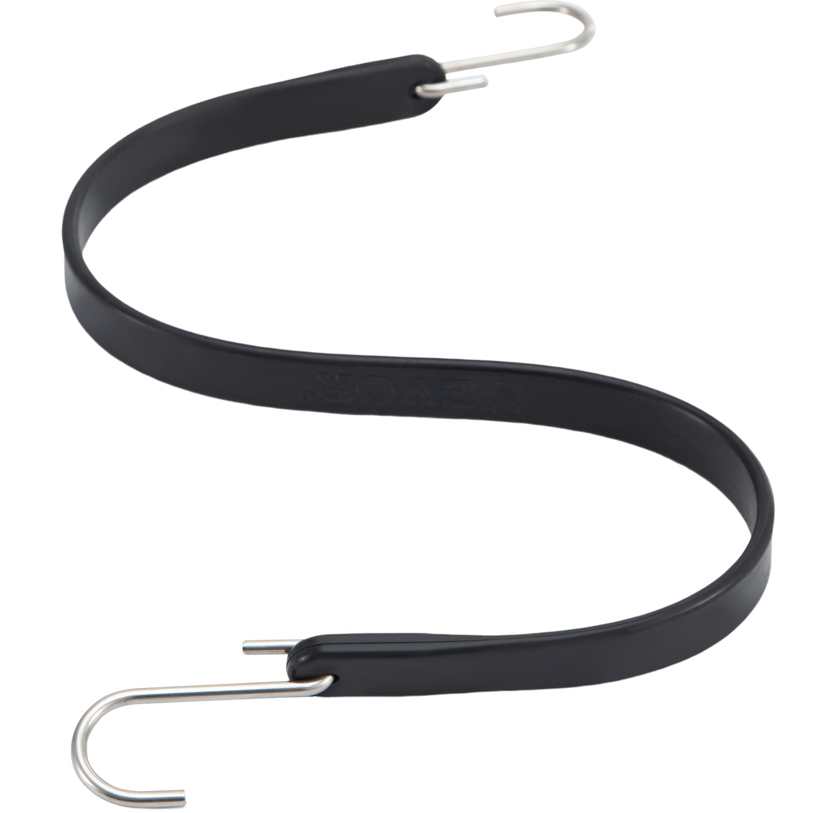 black VEVOR rubber bungee cord with metal hooks at both ends, coiled in an s shape.